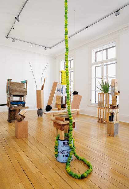 Installation view of Abraham Cruzvillegas’s Autoconstrucción Room 2009 at Thomas Dane Gallery, London, with his Autoconstrucción