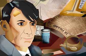 Pablo Picasso and some objects from a cafe in the background, illustrated in a style inspired by Cubism