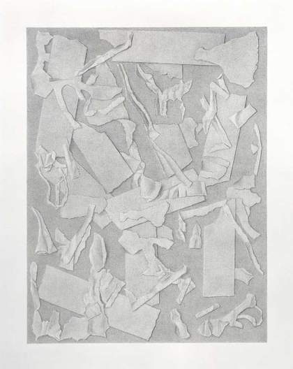 The scraps of paper form a circle in the upper half of the drawing. There is a vertical strip which can be read as a torso.