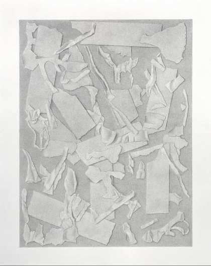 The scraps of paper form a circle in the upper half of the drawing. There is a vertical strip which can be read as a torso.
