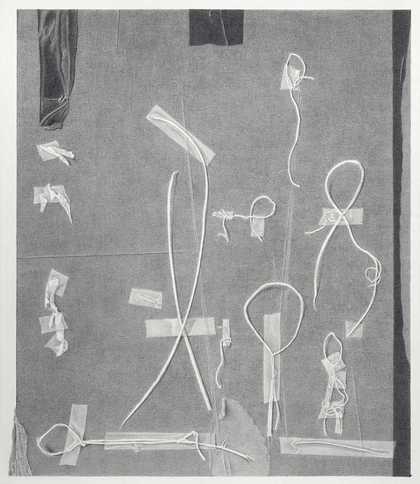 Plane with paper threads 2006, showing scraps of paper in configurations that suggest standing and prone figures which are roughly taped to the surface.