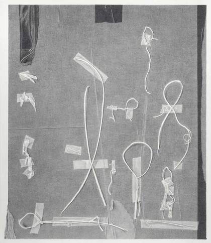 Plane with paper threads 2006, showing scraps of paper in configurations that suggest standing and prone figures which are roughly taped to the surface.