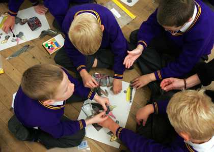 Children in small groups sorting and ordering sets of an image-based resource