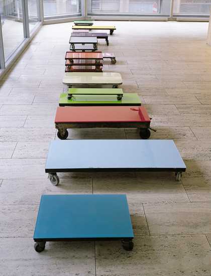 David Batchelor I Love Kings Cross and Kings Cross Loves Me 1996 to 1997 panels of singular colours on mounted on trollies low to the floor