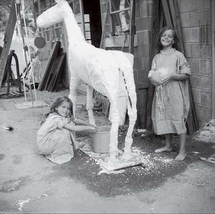 David Smith Rebecca (left) and Candida Smith modelling a plaster horse, Bolton Landing c.1961