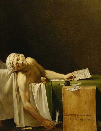 Jacques-Louis David The Death of Marat (La Mort de Marat) 1793–4 Oil paint on canvas depicting Marat lying dead in his bath as he was writing a letter