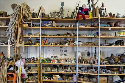 Collected objects on shelves in Richard Deacon's studio, October 2013