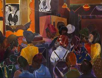 Colourful painting of a group of people listening to a record playing