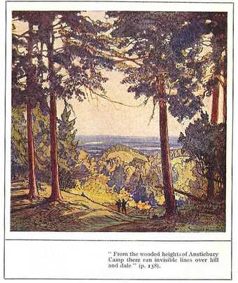 ‘From the wooded heights of Anstiebury Camp there run invisible lines over hill and dale’ Frontispiece of Donald Maxwell, A Detective in Surrey, 1932