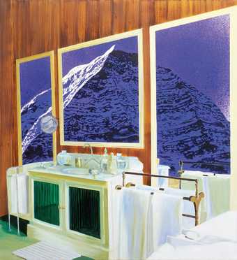 Dexter Dalwood Nietzsches Chalet 2001 interior view of a bathroom with a three panelled painting of a mountain hung on a wood panelled wall