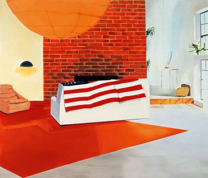 Dexter Dalwood Sharon Tates House 1998 interior view of a lounge with a brick chimney breast and a couch draped with the American flag