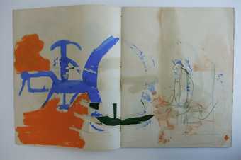Graham Sutherland's sketchbook double spread with orange and blue paint markings