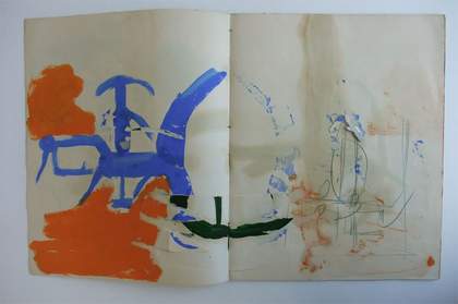 Graham Sutherland's sketchbook double spread with orange and blue paint markings