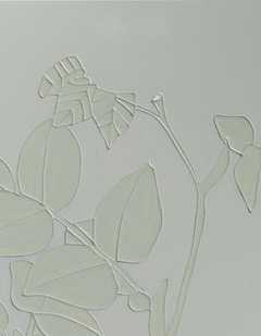 A cropped detail of the larger painting. The stalks and leaves of plants are painted in relief in creamy-white on a paler background, with thick ridges describing their outlines.