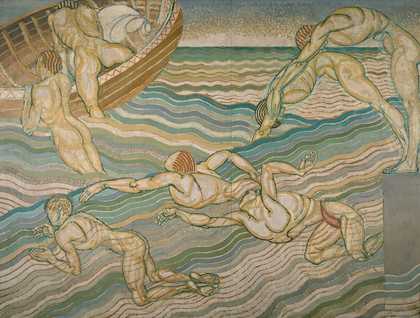 Painting of naked men swimming in a river