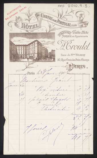 Hotel receipt for Duncan Grant's stay in Paris in 1907, Tate Archive