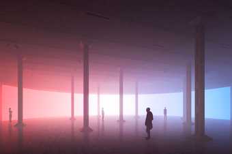 Silhouettes of visitors against a red-blue background in the east oil tank at Tate Modern