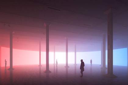 Silhouettes of visitors against a red-blue background in the east oil tank at Tate Modern