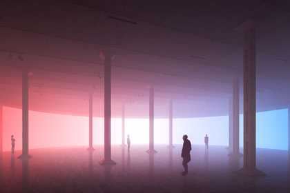 Silhouettes of visitors against a red-blue background in the east oil tank at Tate Modern