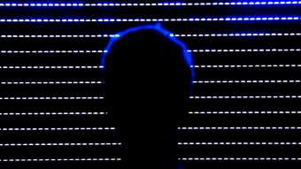  Ed Atkins A Tumour In English image of a sillhouette of a persons head against the rows of lights