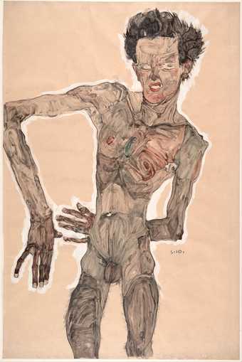 Egon Schiele, Nude Self-Portrait, Grimacing, 1910, gouache, watercolour and pencil on paper, 55.9 x 36.9 cm - Getty Images / Heritage Images / Hulton Fine Art Collection