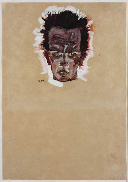 Egon Schiele, Self-portrait, head, 1909, gouache, watercolour and charcoal on paper, 44 x 31 cm - Ömer Koç Collection. Image courtesy Hadiye Cangökçe