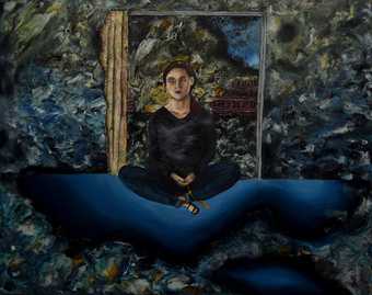 surreal painting of a woman sitting in a doorframe