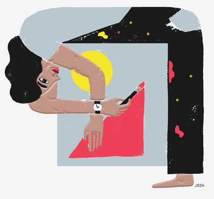 A cartoon-like figure of a woman arches forward over a painter's square canvas. She holds a brush, dipped in pink paint, and is painting a pink triangle below a yellow circle, on the grey canvas
