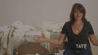 Tracey Emin with her installation My Bed