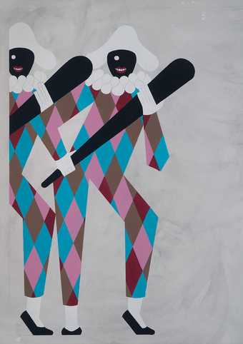 Enrico David Bulbous Marauder 2008 painting of two perriot clown characters carrying clubs