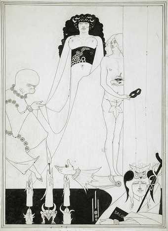 A black and white drawing of four figures on or around a stage. 2 of them are semi-nude