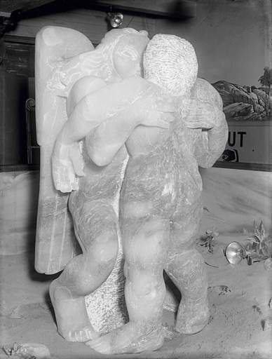 Jacob Epstein's Jacob and the Angel In sand on Blackpool's central promenade (1942)