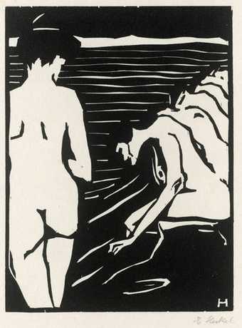 Erich Heckel Female Nudes 1906 nude female figure in the foreground with line of kneeling female nudes receding in to the distance