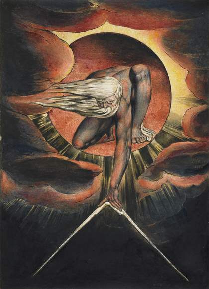 naked man with long white hair sat crouching in a dark red sky