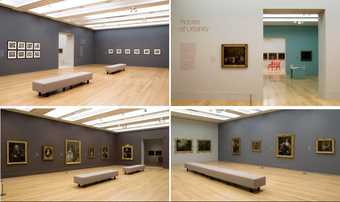 Four photos of the exhibition installed at Tate, on green and grey walls