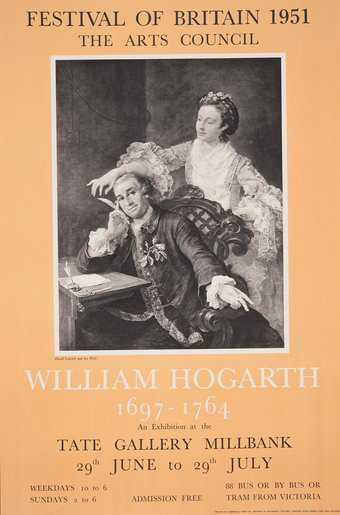 Orange poster with black and white reproduction of a Hogarth painting