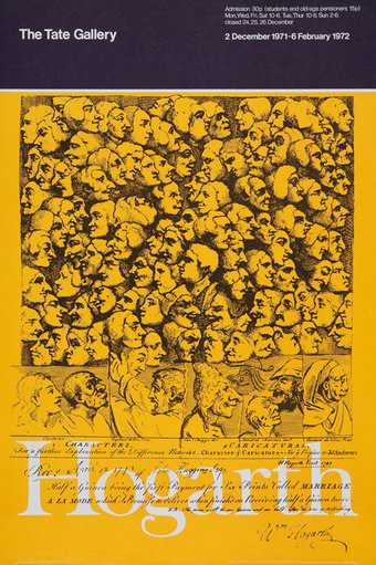 Yellow poster featuring a Hogarth sketch of a multitude of faces, little characters or caricatures 