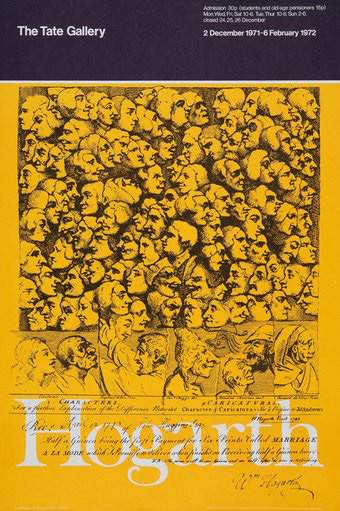 Yellow poster featuring a Hogarth sketch of a multitude of faces, little characters or caricatures