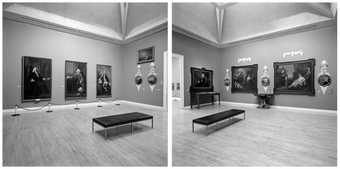 2 black-and-white photos of the exhibition installed at Tate, including decorative wall moldings and furniture