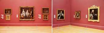 Two photos of the exhibition installed at Tate, paintings hanging on bright red walls