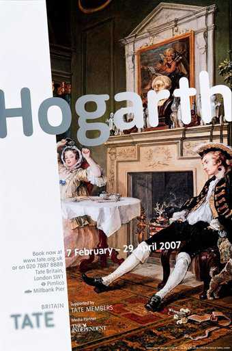 Exhibition poster with 'Hogarth' in large silver letters running slightly tilted across the width