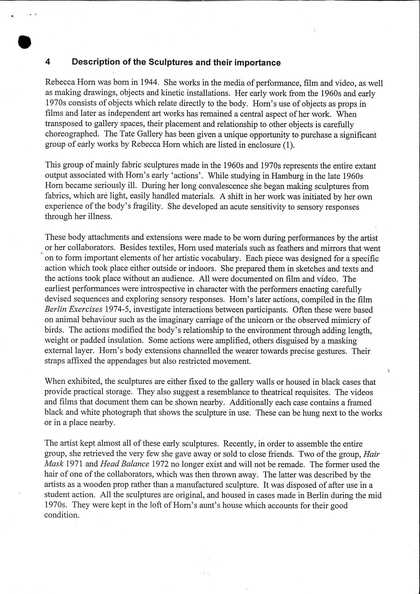Explanation of the importance of collecting Rebecca Horn’s body-sculpture works, submitted to the Heritage Lottery Fund as part of an application to acquire the body of work (1 of 2)