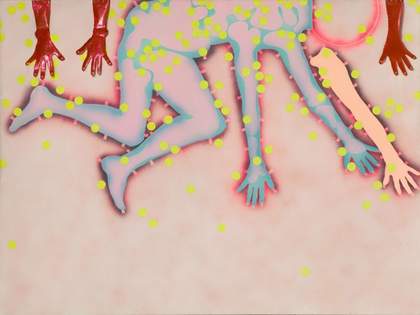 painting with pastel pink background showing a person laying down surrounded by three arms and spots of colour
