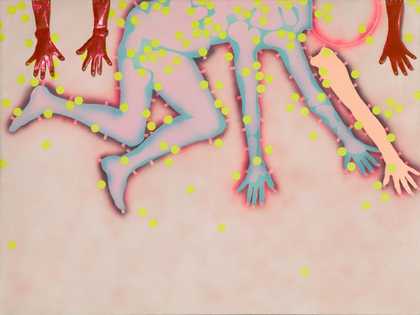 painting with pastel pink background showing a person laying down surrounded by three arms and spots of colour