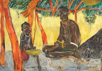 painting of a father and son sharing a bowl of food