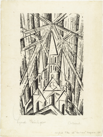 Black and white woodcut print of a cathedral composed of geometric shapes, in a sky composed of fractal lines.