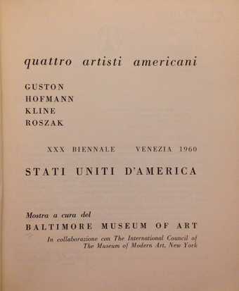 Title page of Quattro Artisti Americani: Guston, Hofmann, Kline, Roszak, exhibition catalogue, 30th Venice Biennale, Venice 1960