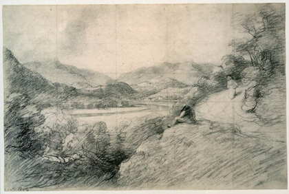 A country scene with grass and bushes in the foreground and fields, trees and hills in the background.