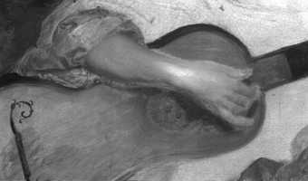 Fig.10 Infrared reflectograph detail of the right arm and guitar of the woman in blue