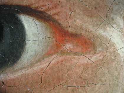 Fig.10 Detail at x8 of the sitter’s right eye, showing the fawn coloured ground left visible to form a half-shadow between the inner corner and the highlight below it